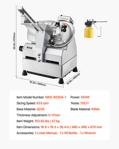 Automatic Meat Slicer, 500W, Electric Deli Slicer Machine with 10 inch Sharp 75Cr1 Steel Blade, 0-0.67 inch Adjustable Thickness, 633 RPM Fast Slicing, for Frozen Meat, Cheese, and Bread