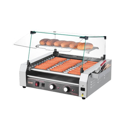 Hot Dog Roller, 30 Hot Dog 11 Rollers, Stainless Steel Sausage Grill Cooker, 1600W Commercial Hot Dog Machine with Dual Temp Control, Cover, Side Storage Box, Removable Shelf & Oil Drip Tray