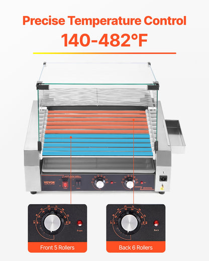 Hot Dog Roller, 30 Hot Dog 11 Rollers, Stainless Steel Sausage Grill Cooker, 1600W Commercial Hot Dog Machine with Dual Temp Control, Cover, Side Storage Box, Removable Shelf & Oil Drip Tray