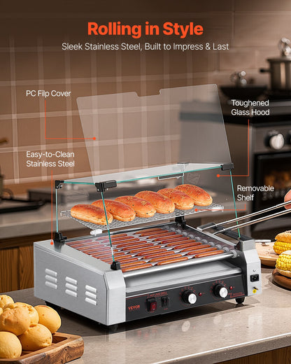 Hot Dog Roller, 30 Hot Dog 11 Rollers, Stainless Steel Sausage Grill Cooker, 1600W Commercial Hot Dog Machine with Dual Temp Control, Cover, Side Storage Box, Removable Shelf & Oil Drip Tray