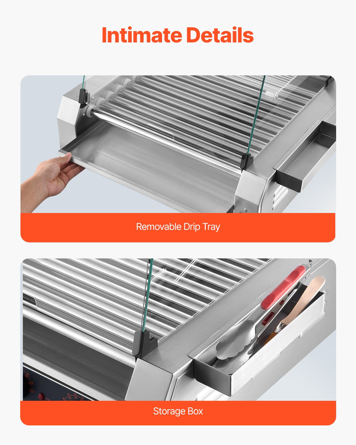 Hot Dog Roller, 30 Hot Dog 11 Rollers, Stainless Steel Sausage Grill Cooker, 1600W Commercial Hot Dog Machine with Dual Temp Control, Cover, Side Storage Box, Removable Shelf & Oil Drip Tray