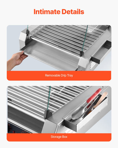 Hot Dog Roller, 30 Hot Dog 11 Rollers, Stainless Steel Sausage Grill Cooker, 1600W Commercial Hot Dog Machine with Dual Temp Control, Cover, Side Storage Box, Removable Shelf & Oil Drip Tray