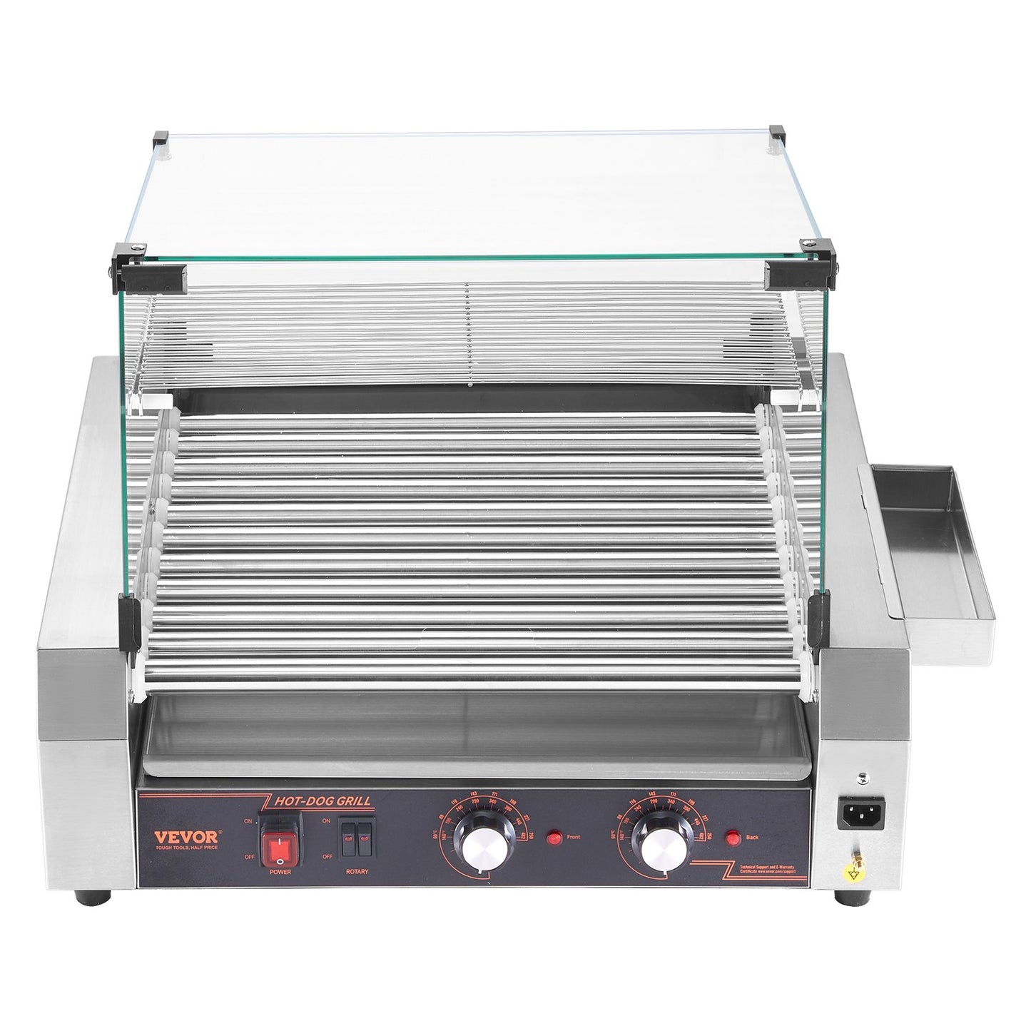 Hot Dog Roller, 30 Hot Dog 11 Rollers, Stainless Steel Sausage Grill Cooker, 1600W Commercial Hot Dog Machine with Dual Temp Control, Cover, Side Storage Box, Removable Shelf & Oil Drip Tray