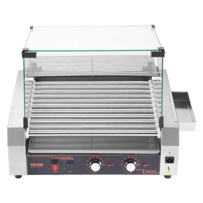 Hot Dog Roller, 30 Hot Dog 11 Rollers, Stainless Steel Sausage Grill Cooker, 1600W Commercial Hot Dog Machine with Dual Temp Control, Cover, Side Storage Box, Removable Shelf & Oil Drip Tray