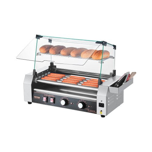 Hot Dog Roller, 12 Hot Dog 5 Rollers, Stainless Steel Sausage Grill Cooker, 750W Commercial Hot Dog Machine with Dual Temp Control, Cover, Side Storage Box, Removable Shelf & Oil Drip Tray