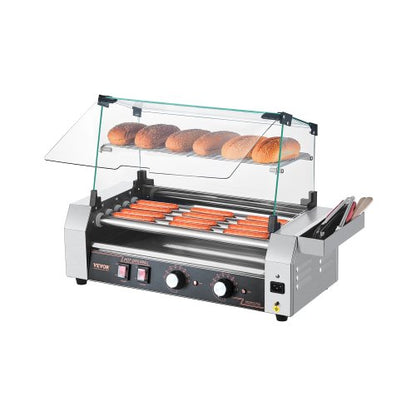 Hot Dog Roller, 12 Hot Dog 5 Rollers, Stainless Steel Sausage Grill Cooker, 750W Commercial Hot Dog Machine with Dual Temp Control, Cover, Side Storage Box, Removable Shelf & Oil Drip Tray
