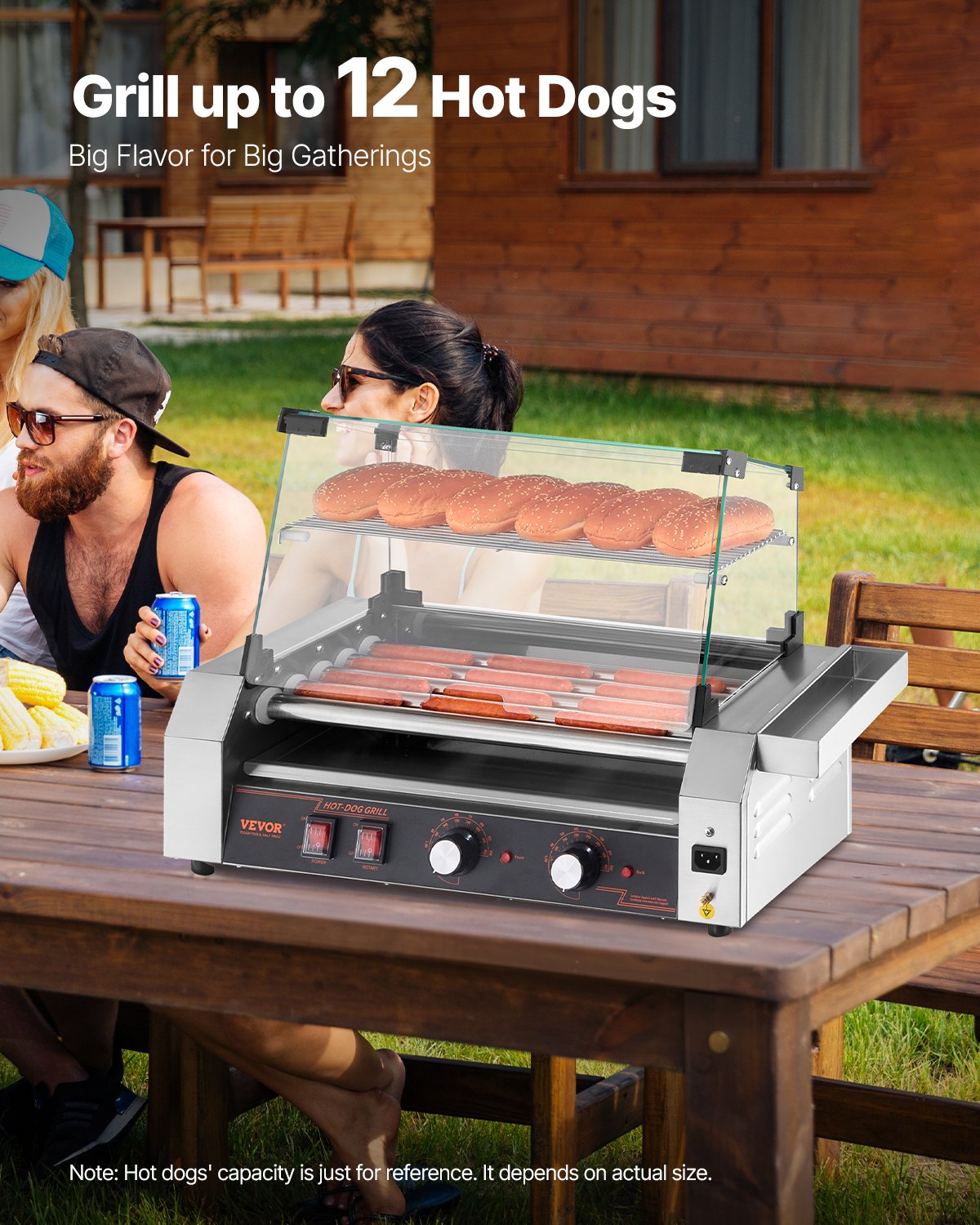 Hot Dog Roller, 12 Hot Dog 5 Rollers, Stainless Steel Sausage Grill Cooker, 750W Commercial Hot Dog Machine with Dual Temp Control, Cover, Side Storage Box, Removable Shelf & Oil Drip Tray