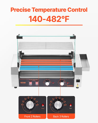 Hot Dog Roller, 12 Hot Dog 5 Rollers, Stainless Steel Sausage Grill Cooker, 750W Commercial Hot Dog Machine with Dual Temp Control, Cover, Side Storage Box, Removable Shelf & Oil Drip Tray