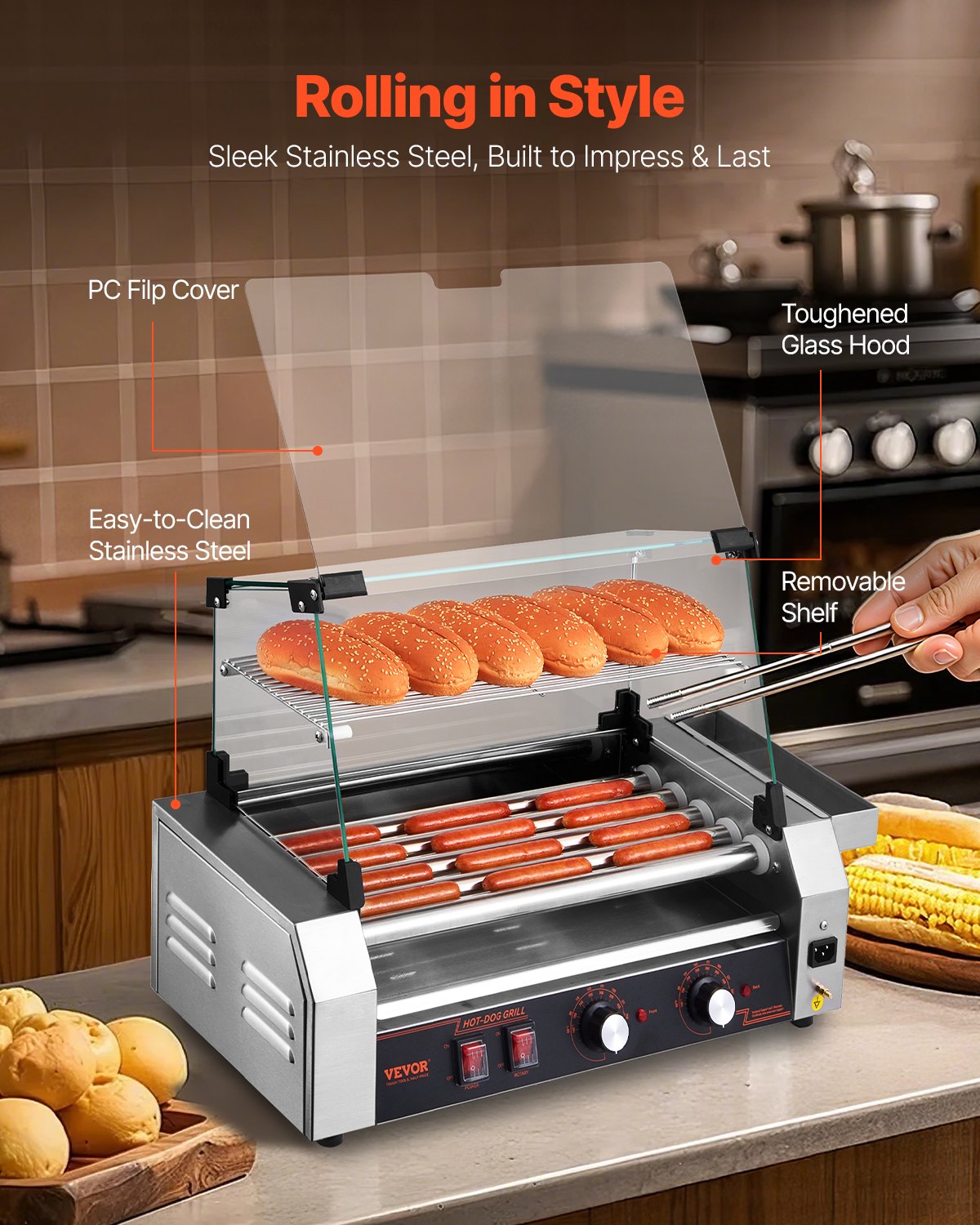 Hot Dog Roller, 12 Hot Dog 5 Rollers, Stainless Steel Sausage Grill Cooker, 750W Commercial Hot Dog Machine with Dual Temp Control, Cover, Side Storage Box, Removable Shelf & Oil Drip Tray