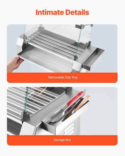 Hot Dog Roller, 12 Hot Dog 5 Rollers, Stainless Steel Sausage Grill Cooker, 750W Commercial Hot Dog Machine with Dual Temp Control, Cover, Side Storage Box, Removable Shelf & Oil Drip Tray
