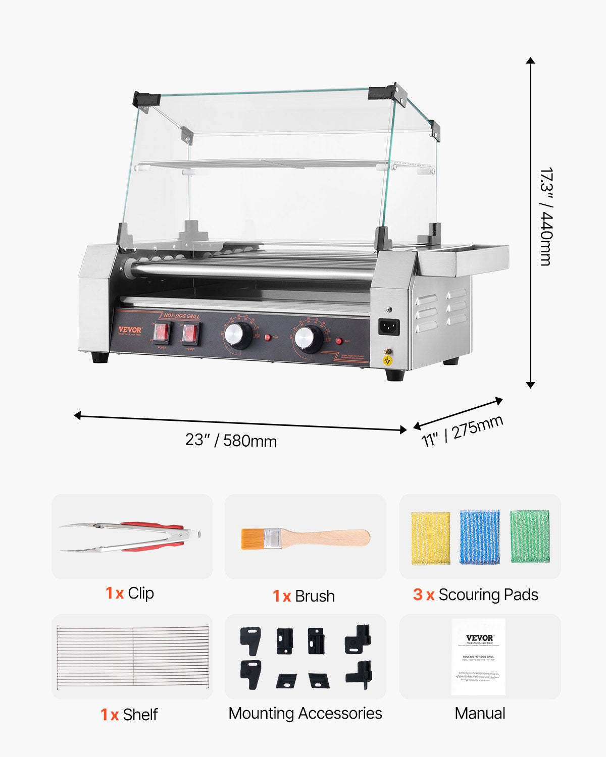 Hot Dog Roller, 12 Hot Dog 5 Rollers, Stainless Steel Sausage Grill Cooker, 750W Commercial Hot Dog Machine with Dual Temp Control, Cover, Side Storage Box, Removable Shelf & Oil Drip Tray