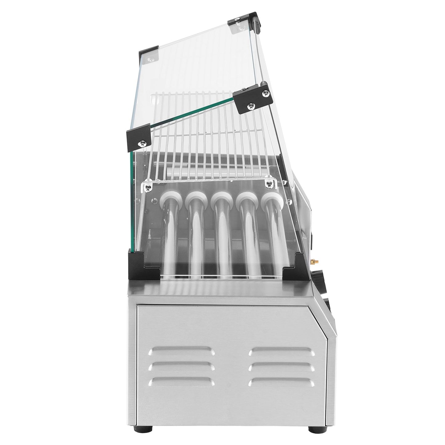 Hot Dog Roller, 12 Hot Dog 5 Rollers, Stainless Steel Sausage Grill Cooker, 750W Commercial Hot Dog Machine with Dual Temp Control, Cover, Side Storage Box, Removable Shelf & Oil Drip Tray