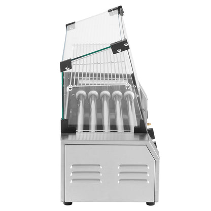 Hot Dog Roller, 12 Hot Dog 5 Rollers, Stainless Steel Sausage Grill Cooker, 750W Commercial Hot Dog Machine with Dual Temp Control, Cover, Side Storage Box, Removable Shelf & Oil Drip Tray