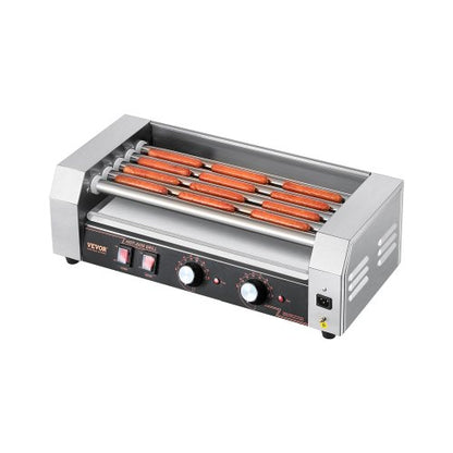 Hot Dog Roller, 12 Hot Dog 5 Rollers, Stainless Steel Sausage Grill Cooker, 750W Hot Dog Machine with Dual Temp Control, Removable Oil Drip Tray, for Party Home Commercial