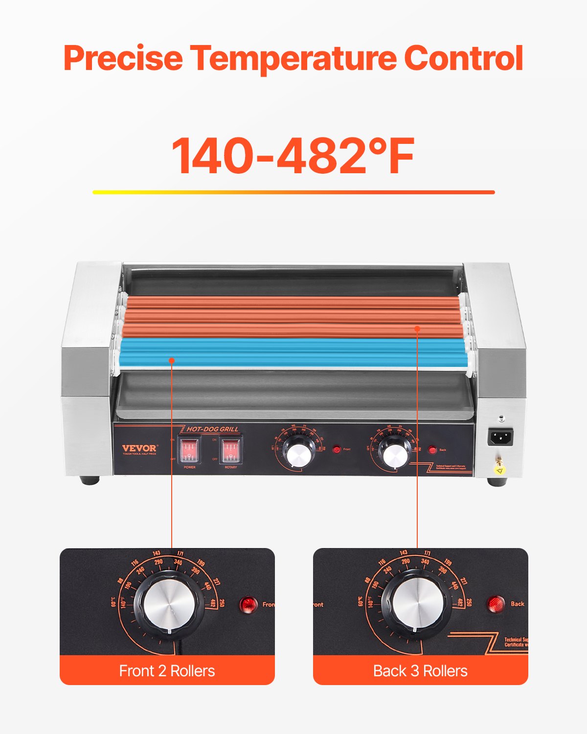Hot Dog Roller, 12 Hot Dog 5 Rollers, Stainless Steel Sausage Grill Cooker, 750W Hot Dog Machine with Dual Temp Control, Removable Oil Drip Tray, for Party Home Commercial