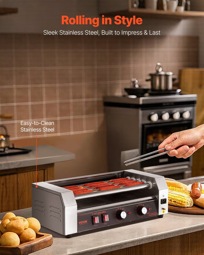 Hot Dog Roller, 12 Hot Dog 5 Rollers, Stainless Steel Sausage Grill Cooker, 750W Hot Dog Machine with Dual Temp Control, Removable Oil Drip Tray, for Party Home Commercial