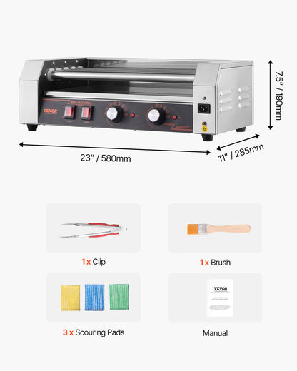 Hot Dog Roller, 12 Hot Dog 5 Rollers, Stainless Steel Sausage Grill Cooker, 750W Hot Dog Machine with Dual Temp Control, Removable Oil Drip Tray, for Party Home Commercial