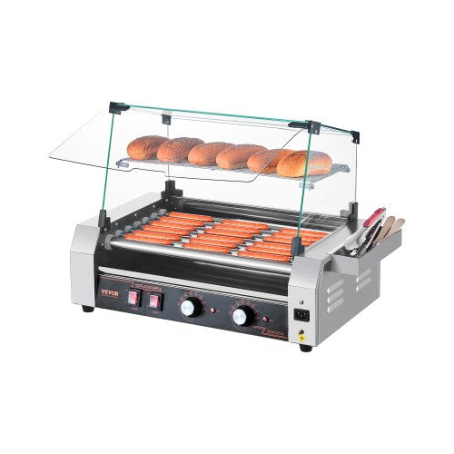 Hot Dog Roller, 18 Hot Dog 7 Rollers, Stainless Steel Sausage Grill Cooker, 1050W Commercial Hot Dog Machine with Dual Temp Control, Cover, Side Storage Box, Removable Shelf & Oil Drip Tray