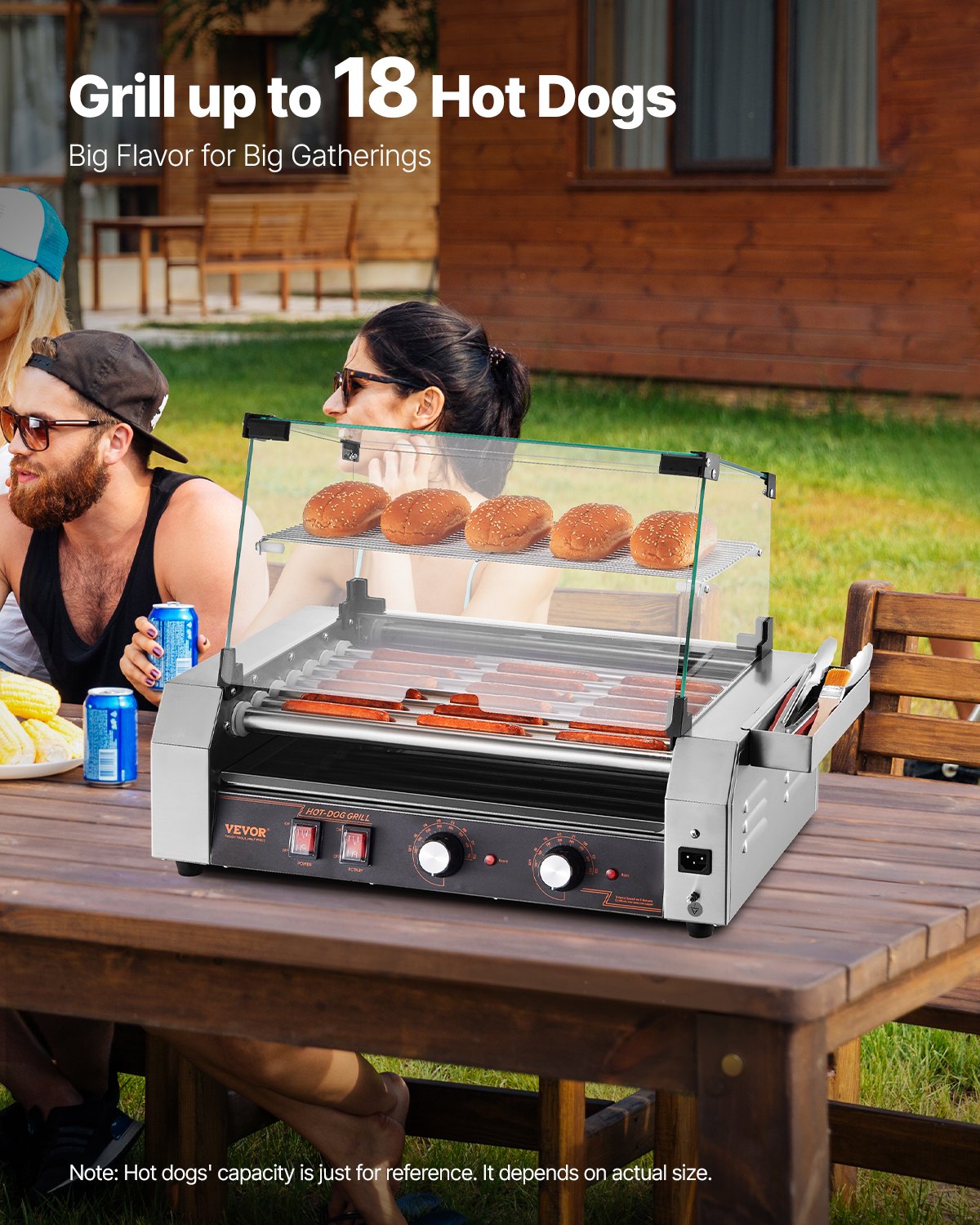 Hot Dog Roller, 18 Hot Dog 7 Rollers, Stainless Steel Sausage Grill Cooker, 1050W Commercial Hot Dog Machine with Dual Temp Control, Cover, Side Storage Box, Removable Shelf & Oil Drip Tray