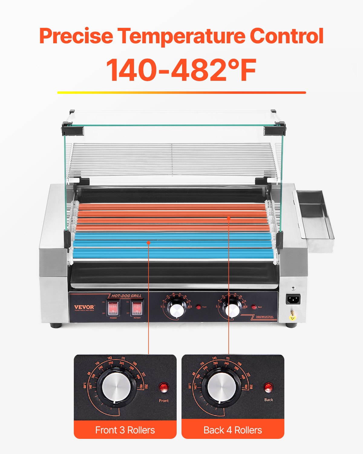 Hot Dog Roller, 18 Hot Dog 7 Rollers, Stainless Steel Sausage Grill Cooker, 1050W Commercial Hot Dog Machine with Dual Temp Control, Cover, Side Storage Box, Removable Shelf & Oil Drip Tray