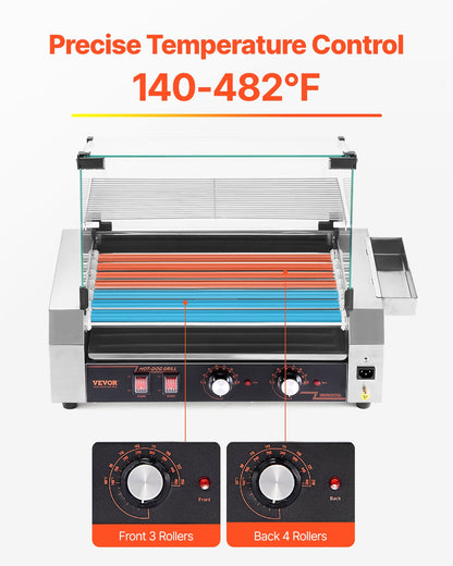 Hot Dog Roller, 18 Hot Dog 7 Rollers, Stainless Steel Sausage Grill Cooker, 1050W Commercial Hot Dog Machine with Dual Temp Control, Cover, Side Storage Box, Removable Shelf & Oil Drip Tray