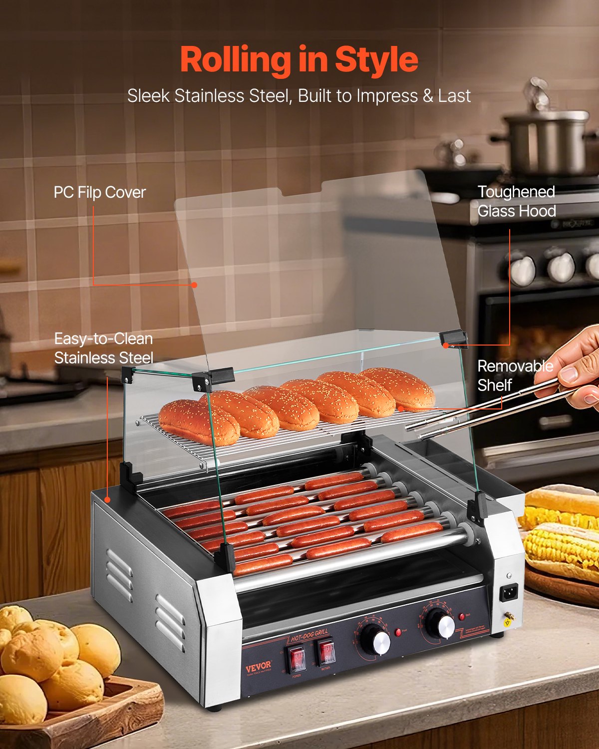 Hot Dog Roller, 18 Hot Dog 7 Rollers, Stainless Steel Sausage Grill Cooker, 1050W Commercial Hot Dog Machine with Dual Temp Control, Cover, Side Storage Box, Removable Shelf & Oil Drip Tray