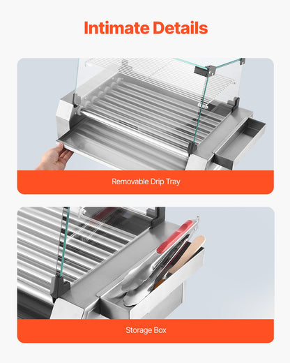 Hot Dog Roller, 18 Hot Dog 7 Rollers, Stainless Steel Sausage Grill Cooker, 1050W Commercial Hot Dog Machine with Dual Temp Control, Cover, Side Storage Box, Removable Shelf & Oil Drip Tray
