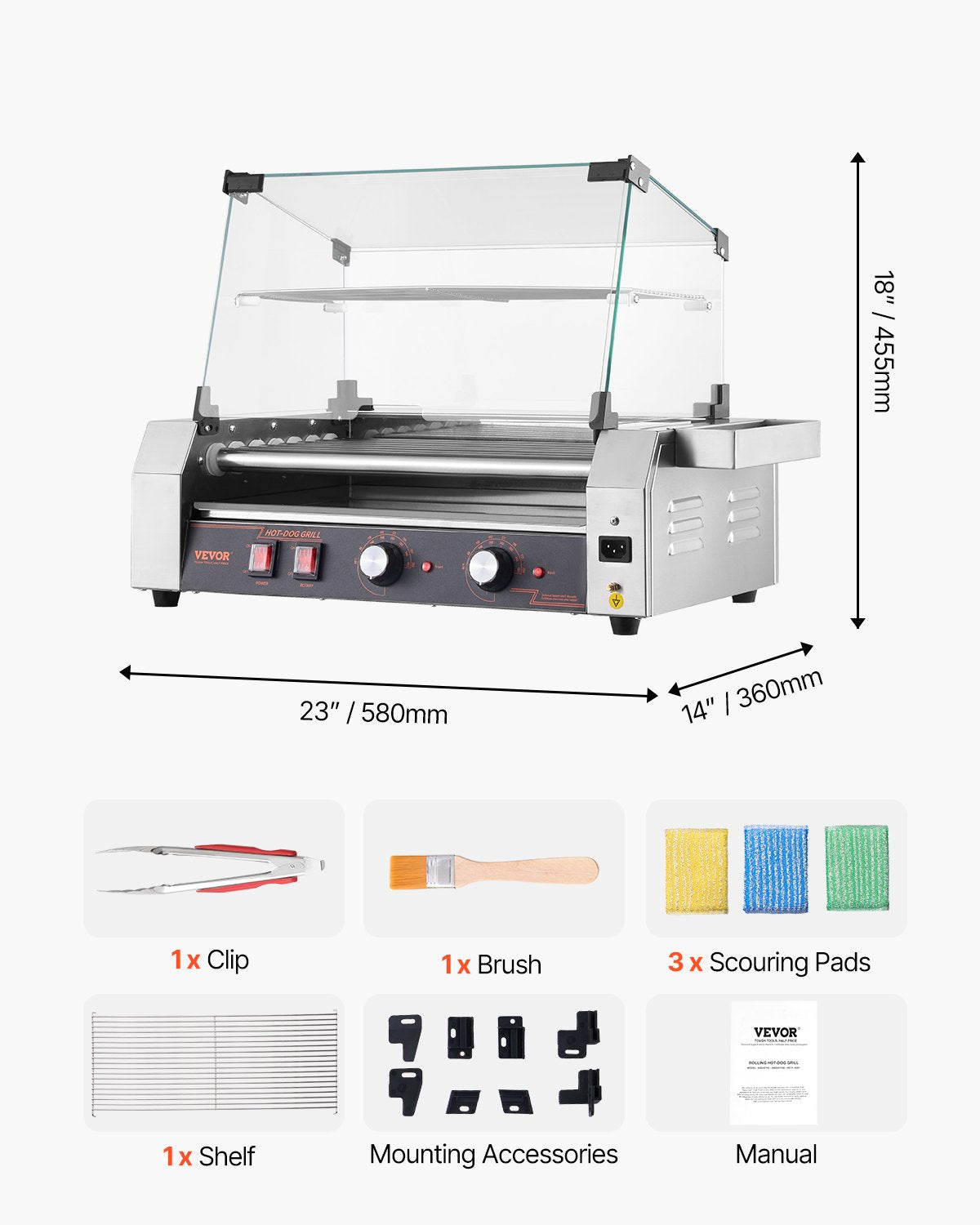 Hot Dog Roller, 18 Hot Dog 7 Rollers, Stainless Steel Sausage Grill Cooker, 1050W Commercial Hot Dog Machine with Dual Temp Control, Cover, Side Storage Box, Removable Shelf & Oil Drip Tray