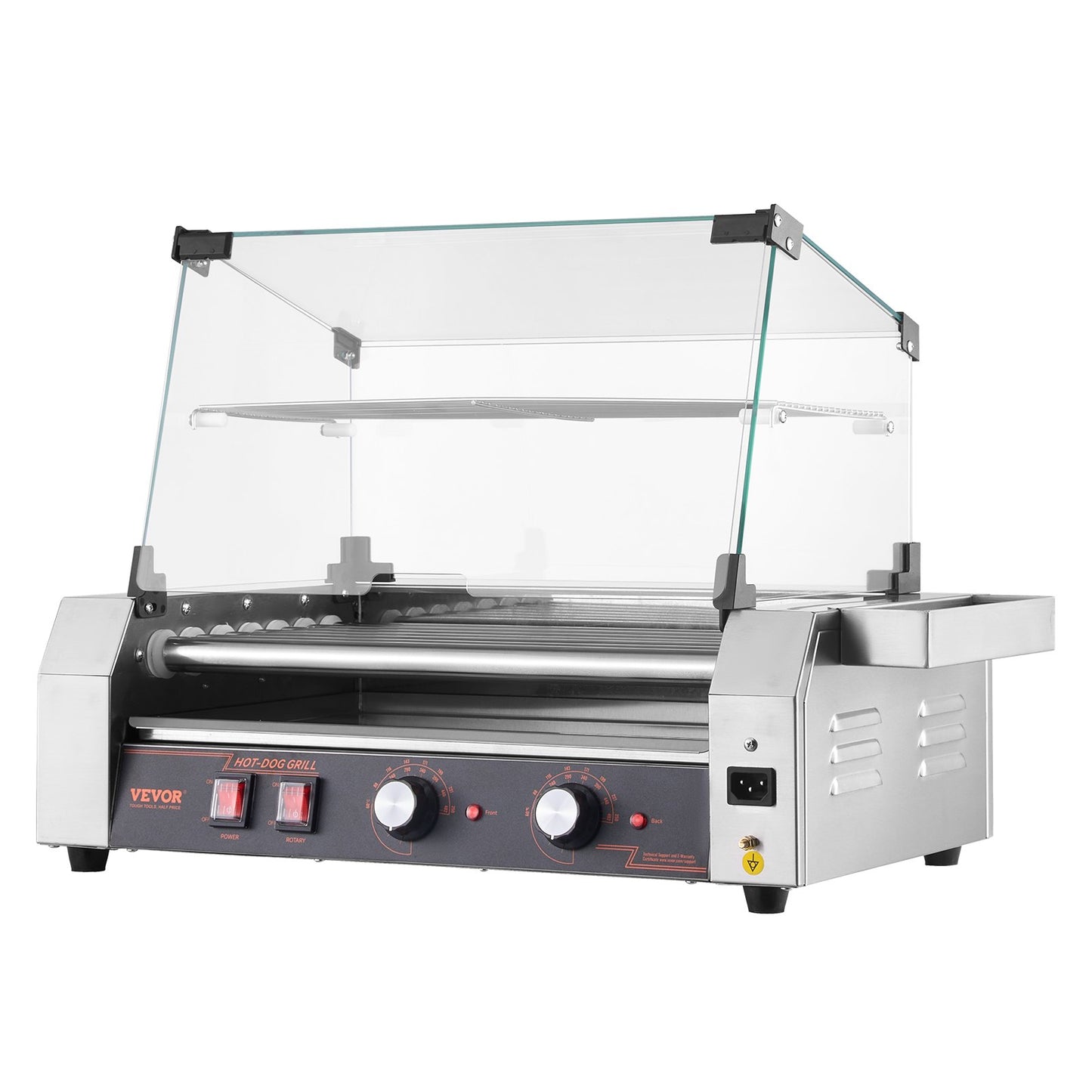 Hot Dog Roller, 18 Hot Dog 7 Rollers, Stainless Steel Sausage Grill Cooker, 1050W Commercial Hot Dog Machine with Dual Temp Control, Cover, Side Storage Box, Removable Shelf & Oil Drip Tray