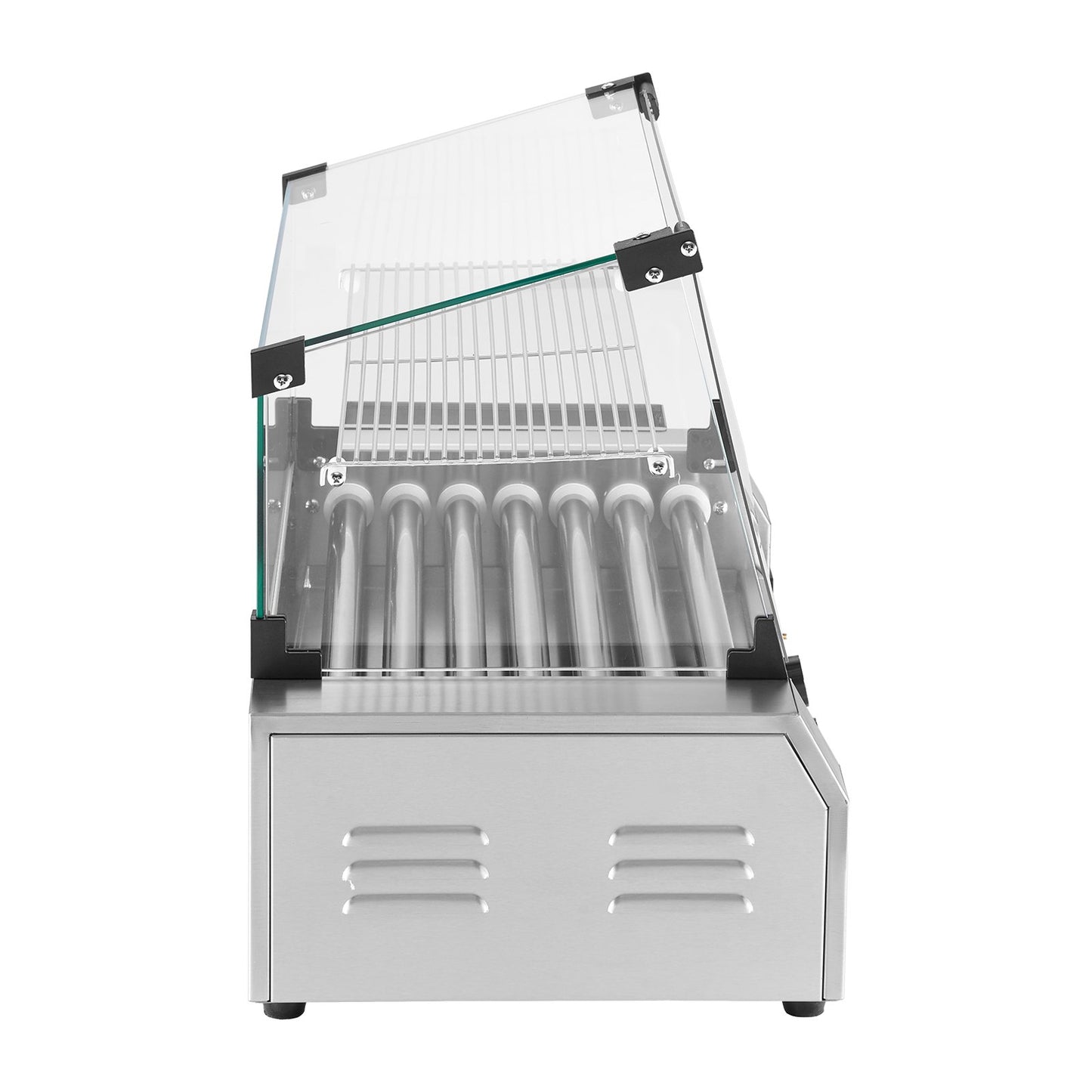 Hot Dog Roller, 18 Hot Dog 7 Rollers, Stainless Steel Sausage Grill Cooker, 1050W Commercial Hot Dog Machine with Dual Temp Control, Cover, Side Storage Box, Removable Shelf & Oil Drip Tray