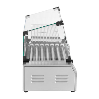 Hot Dog Roller, 18 Hot Dog 7 Rollers, Stainless Steel Sausage Grill Cooker, 1050W Commercial Hot Dog Machine with Dual Temp Control, Cover, Side Storage Box, Removable Shelf & Oil Drip Tray