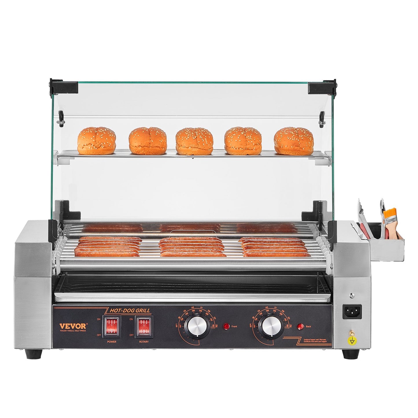 Hot Dog Roller, 18 Hot Dog 7 Rollers, Stainless Steel Sausage Grill Cooker, 1050W Commercial Hot Dog Machine with Dual Temp Control, Cover, Side Storage Box, Removable Shelf & Oil Drip Tray