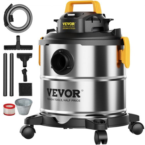 Stainless Steel Wet Dry Shop Vacuum, 5.5 Gallon 6.5 Peak HP Wet/Dry Vac, Powerful Suction with Blower Function w/ Attachment 2-in-1 Crevice Nozzle, Small Vac Perfect for Carpet Debris, Pet Hair