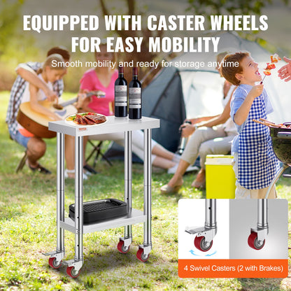 Stainless Steel Work Table 12 x 24 x 34 Inch, 700 LBS Load Capacity with 4 Wheels, 3 Adjustable Height Levels, Heavy Duty Food Prep Worktable for Commercial Kitchen Restaurant, Silver