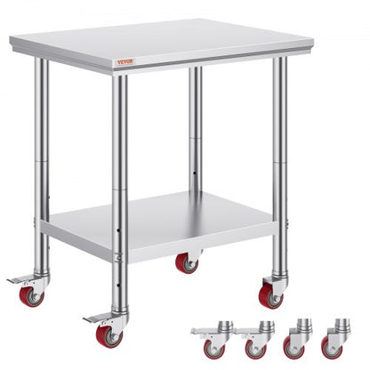 Stainless Steel Work Table 30 x 24 x 33 Inch, 700 LBS Load Capacity with 4 Wheels, 3 Adjustable Height Levels, Heavy Duty Food Prep Worktable for Commercial Kitchen Restaurant, Silver