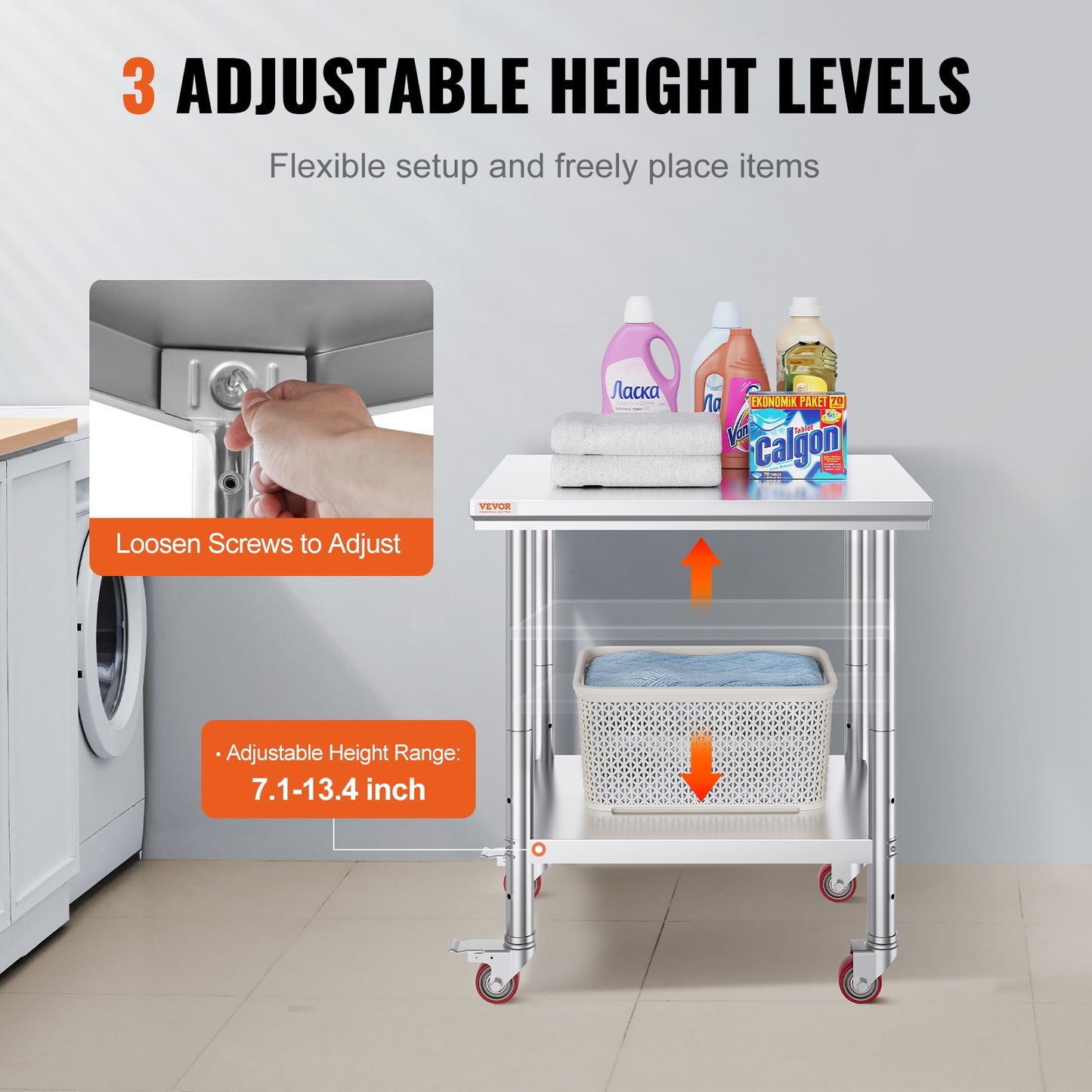 Stainless Steel Work Table 30 x 24 x 33 Inch, 700 LBS Load Capacity with 4 Wheels, 3 Adjustable Height Levels, Heavy Duty Food Prep Worktable for Commercial Kitchen Restaurant, Silver