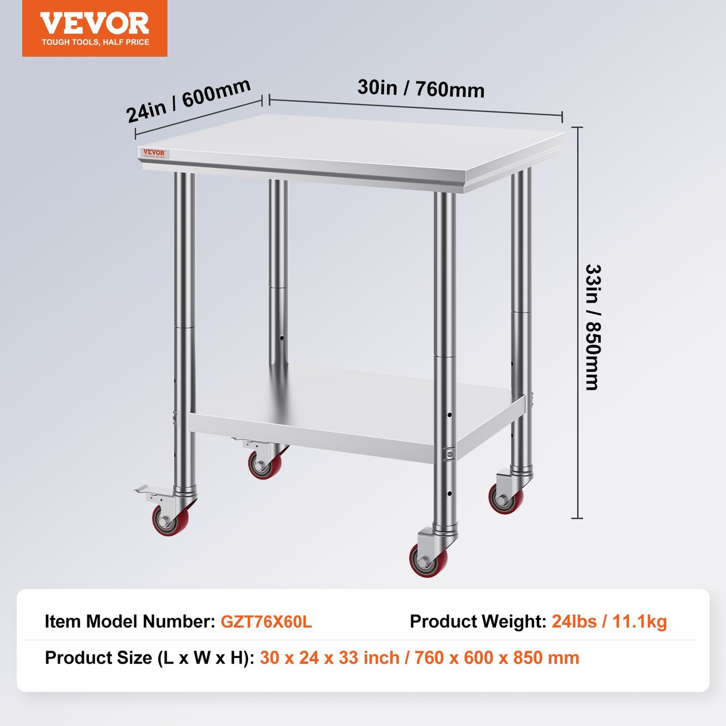 Stainless Steel Work Table 30 x 24 x 33 Inch, 700 LBS Load Capacity with 4 Wheels, 3 Adjustable Height Levels, Heavy Duty Food Prep Worktable for Commercial Kitchen Restaurant, Silver
