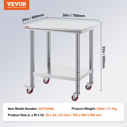 Stainless Steel Work Table 30 x 24 x 33 Inch, 700 LBS Load Capacity with 4 Wheels, 3 Adjustable Height Levels, Heavy Duty Food Prep Worktable for Commercial Kitchen Restaurant, Silver