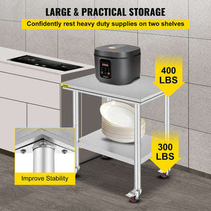 Stainless Steel Work Table 30 x 24 x 33 Inch, 700 LBS Load Capacity with 4 Wheels, 3 Adjustable Height Levels, Heavy Duty Food Prep Worktable for Commercial Kitchen Restaurant, Silver