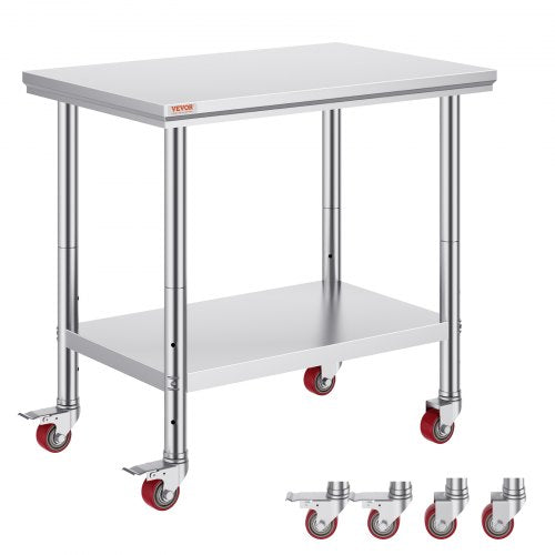 Stainless Steel Work Table 35 x 24 x 33 Inch, 700 LBS Load Capacity with 4 Wheels, 3 Adjustable Height Levels, Heavy Duty Food Prep Worktable for Commercial Kitchen Restaurant, Silver