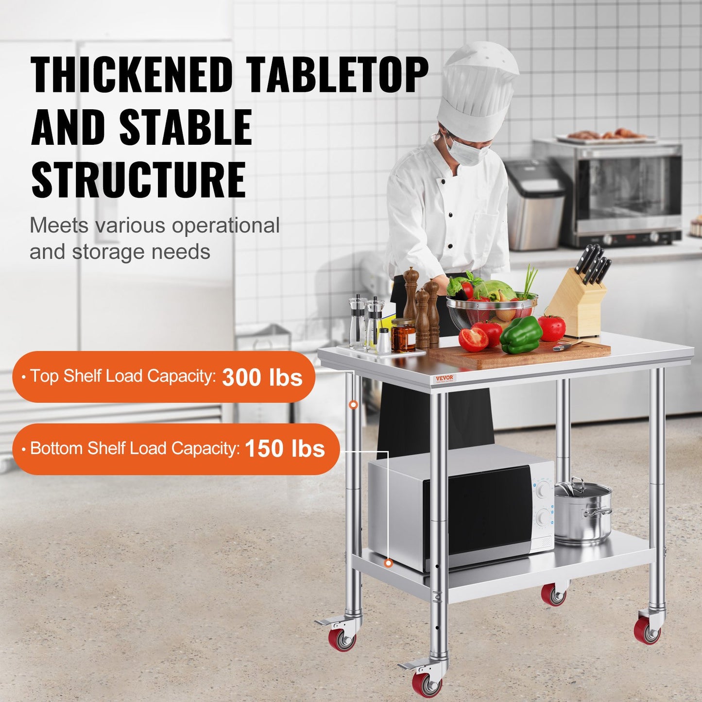 Stainless Steel Work Table 35 x 24 x 33 Inch, 700 LBS Load Capacity with 4 Wheels, 3 Adjustable Height Levels, Heavy Duty Food Prep Worktable for Commercial Kitchen Restaurant, Silver