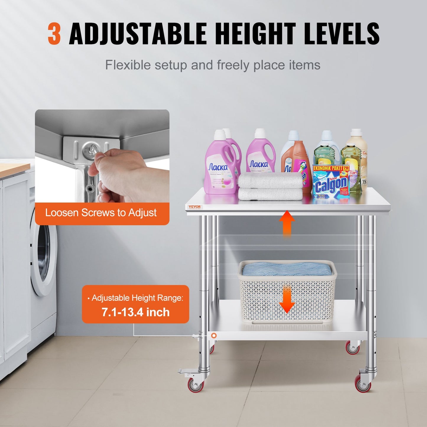 Stainless Steel Work Table 35 x 24 x 33 Inch, 700 LBS Load Capacity with 4 Wheels, 3 Adjustable Height Levels, Heavy Duty Food Prep Worktable for Commercial Kitchen Restaurant, Silver