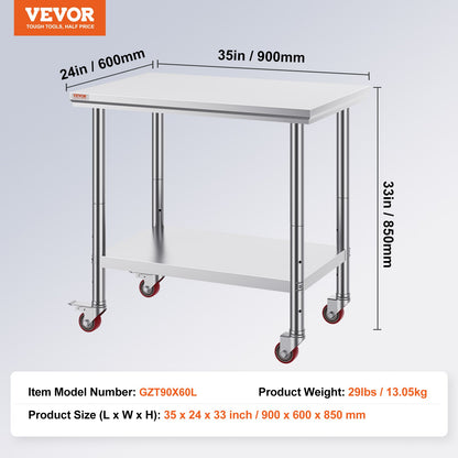 Stainless Steel Work Table 35 x 24 x 33 Inch, 700 LBS Load Capacity with 4 Wheels, 3 Adjustable Height Levels, Heavy Duty Food Prep Worktable for Commercial Kitchen Restaurant, Silver