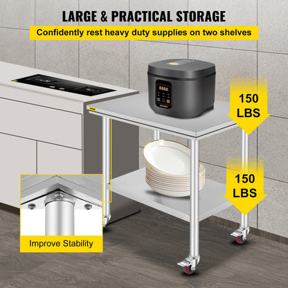 Stainless Steel Work Table 35 x 24 x 33 Inch, 700 LBS Load Capacity with 4 Wheels, 3 Adjustable Height Levels, Heavy Duty Food Prep Worktable for Commercial Kitchen Restaurant, Silver