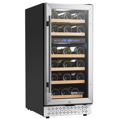 Wine Cooler, 28 Bottle Dual Zone Wine Fridge, Mini Wine Cooler Refrigerator with Glass Door, Adjustable Shelves, Digital Temperature Control, Built-in & Freestanding Fridge for Home Office Bar