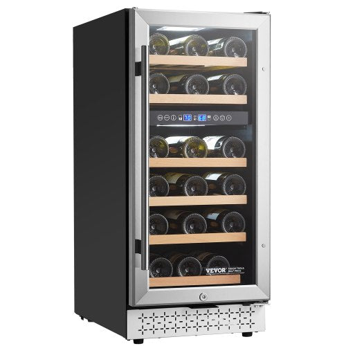 Wine Cooler, 28 Bottle Dual Zone Wine Fridge, Mini Wine Cooler Refrigerator with Glass Door, Adjustable Shelves, Digital Temperature Control, Built-in & Freestanding Fridge for Home Office Bar