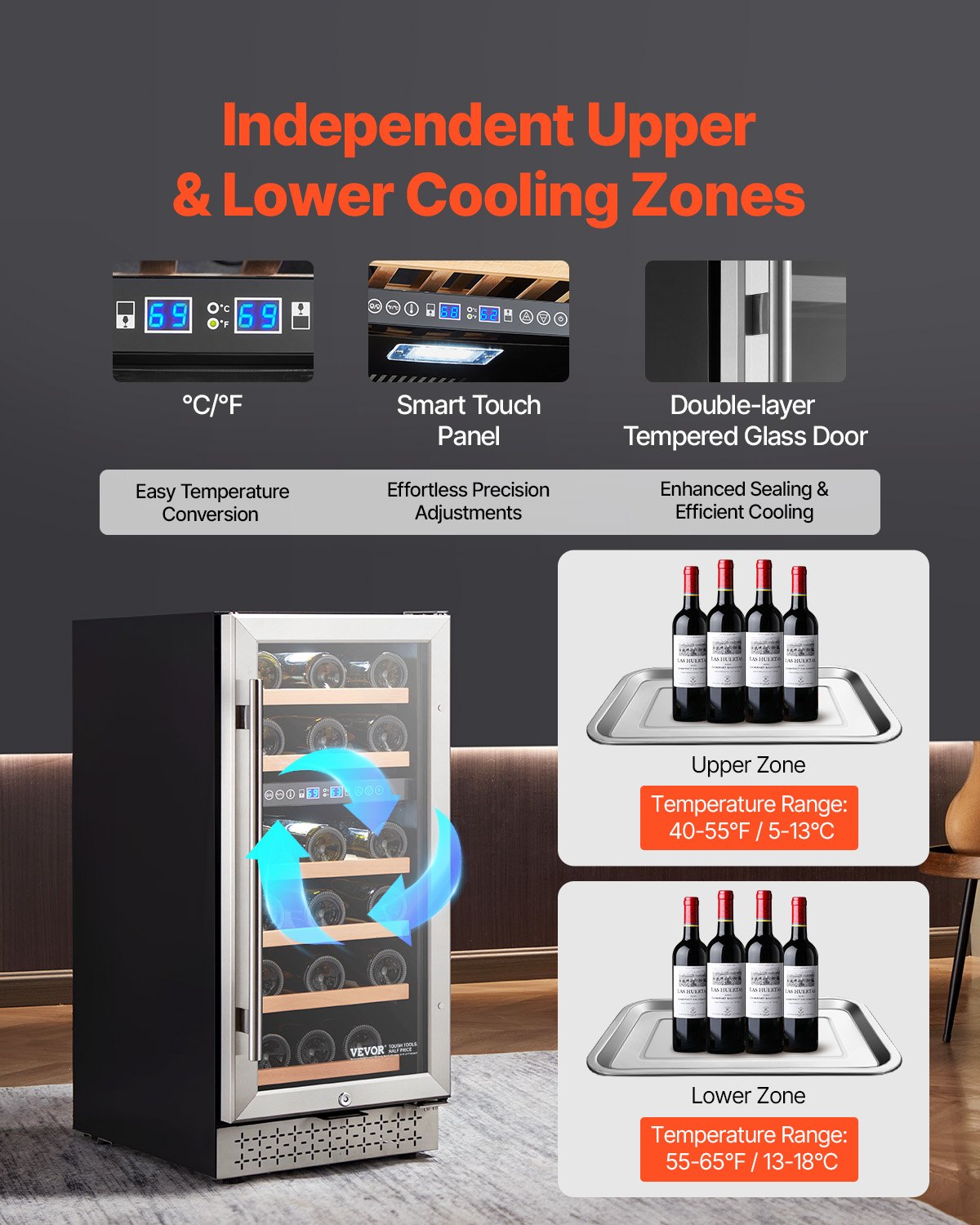 Wine Cooler, 28 Bottle Dual Zone Wine Fridge, Mini Wine Cooler Refrigerator with Glass Door, Adjustable Shelves, Digital Temperature Control, Built-in & Freestanding Fridge for Home Office Bar