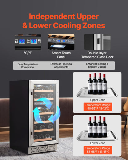 Wine Cooler, 28 Bottle Dual Zone Wine Fridge, Mini Wine Cooler Refrigerator with Glass Door, Adjustable Shelves, Digital Temperature Control, Built-in & Freestanding Fridge for Home Office Bar