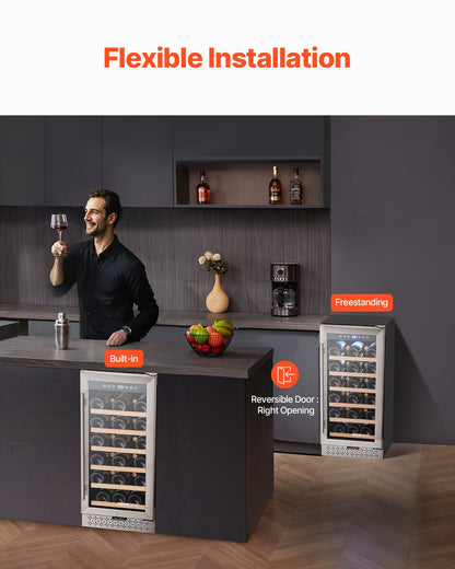 Wine Cooler, 28 Bottle Wine Fridge, Mini Wine Cooler Refrigerator with Glass Door, Adjustable Shelves, Digital Temperature Control, Built-in & Freestanding Cooler Fridge for Home, Office, Bar