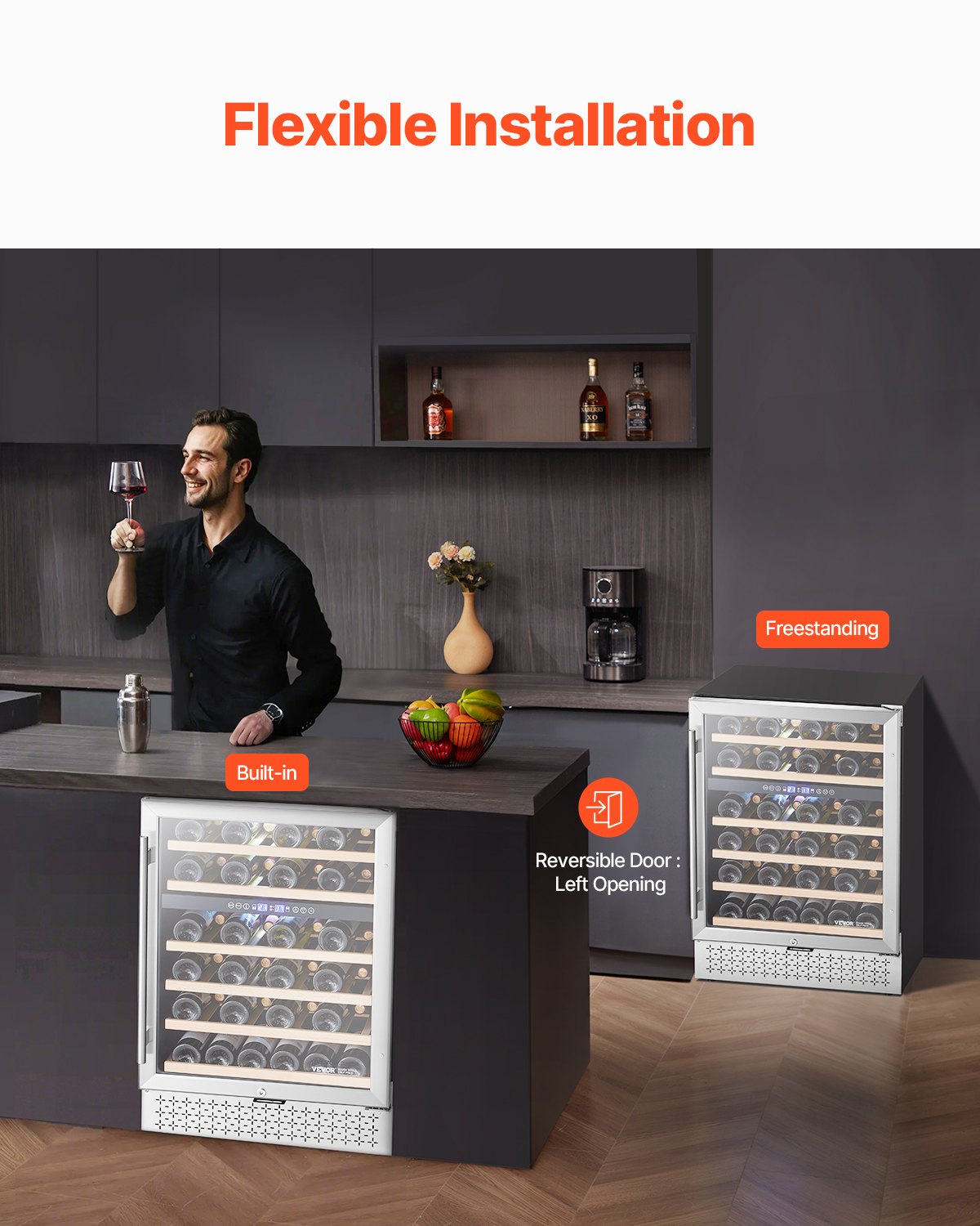 Wine Cooler, 46 Bottle Dual Zone Wine Fridge, Built-in & Freestanding Fridge with Glass Door, Adjustable Shelves, Digital Temperature Control, Wine Cooler Refrigerator for Home, Office, Bar